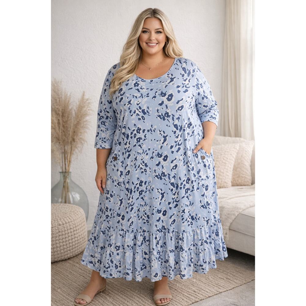 Celeste Sun Shirt Dress Womens 4X Blue Leopard Pockets Ruffle Bottom Summer